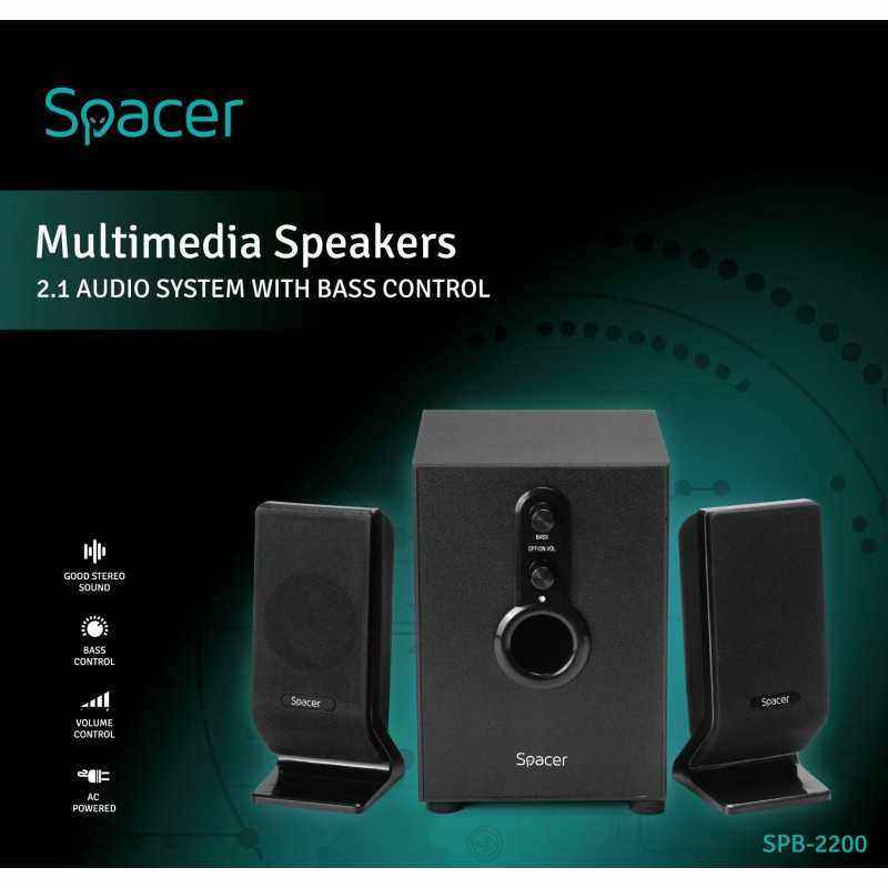 BOXE SPACER 2.1- RMS: 11W (2 x 3W + 5W)- control volum- bass- 220V alimentare- black- SPB-2200 (include TV 3 lei) 261900