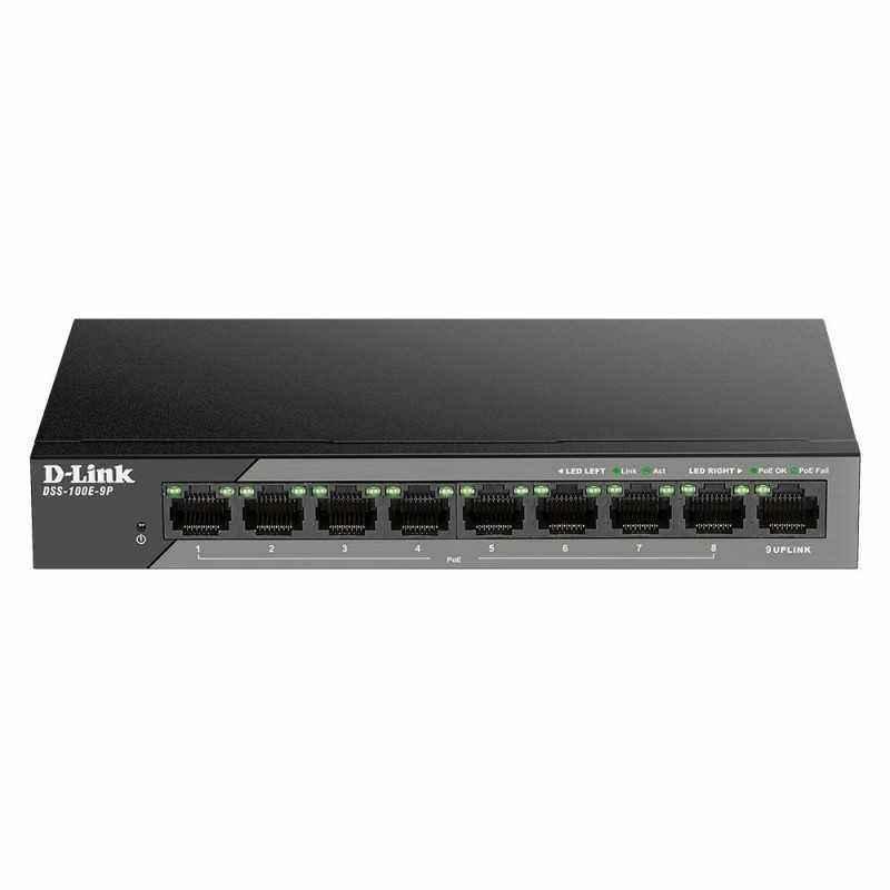 SWITCH PoE D-LINK Unmanaged 8 porturi 10/100Mbps8 PoE) + 1 x Gigabit Uplink- carcasa metalica- DSS-100E-9P(include timbru verde