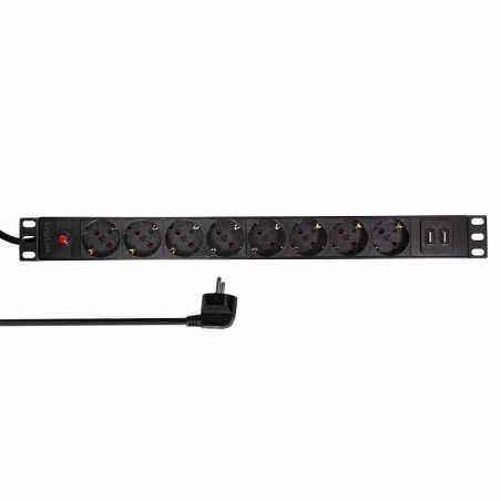 PDU LOGILINK 1U pt. rack 19 inch- 8 prize Schuko- intrare Schuko- max 16 A- on/off- protectie la supratensiune- 2 x USB 2.1A- 2