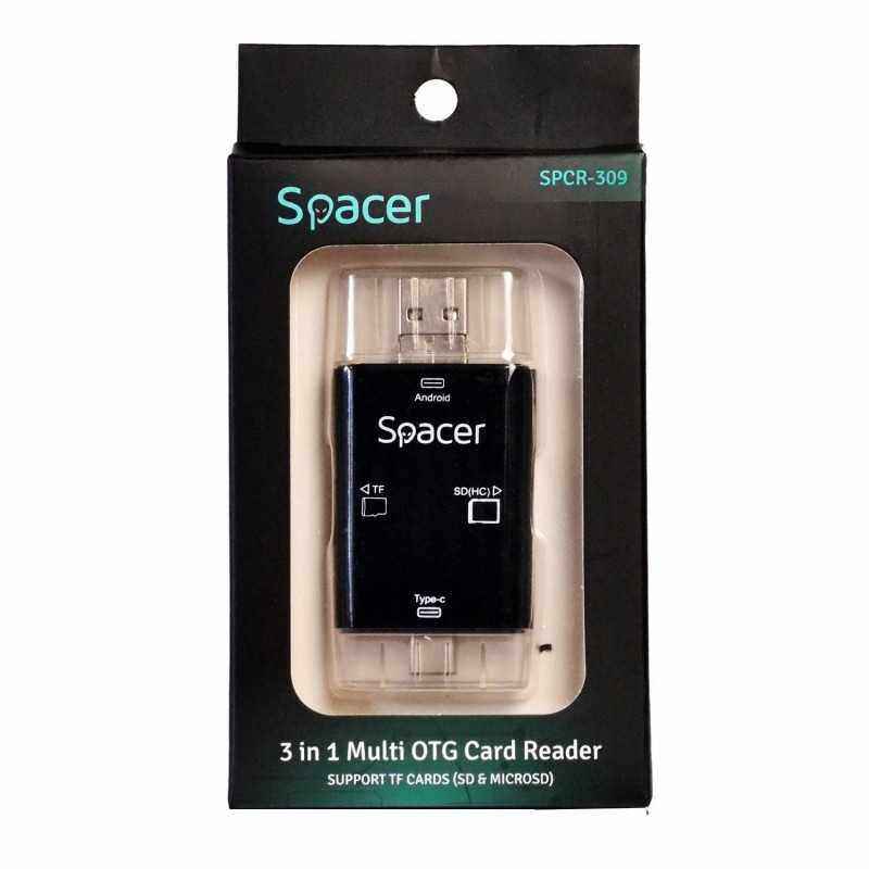 CARD READER extern SPACER- 3 in 1- interfata USB 2.0- USB Type C- Micro-USB- citeste/scrie: SD- micro SD, adaptor USB Type C la