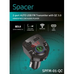 MODULATOR AUTO FM SPACER- Bluetooth 5.0. 1xUSB QC3.0 , 1xUSB max. 5V/3.1A- 12V-24V- max. 10-15m- mic max. 0-2m- format MP3/WMA-