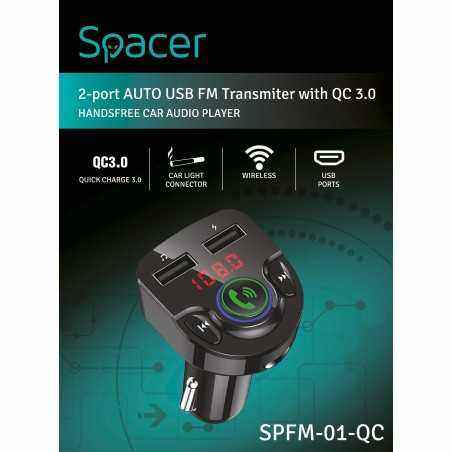 MODULATOR AUTO FM SPACER- Bluetooth 5.0. 1xUSB QC3.0 , 1xUSB max. 5V/3.1A- 12V-24V- max. 10-15m- mic max. 0-2m- format MP3/WMA-