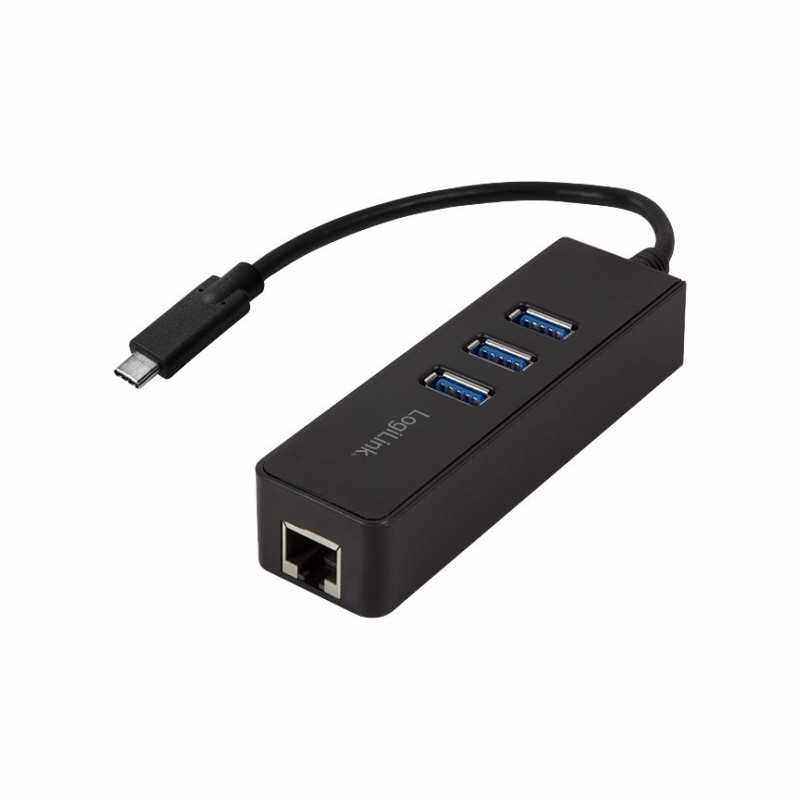 HUB extern LOGILINK- porturi USB: USB 3.0 x 3- conectare prin USB 3.2 Type C- cablu 0.1 m- retea 10/100/1000 MbpsGigabit)- negru