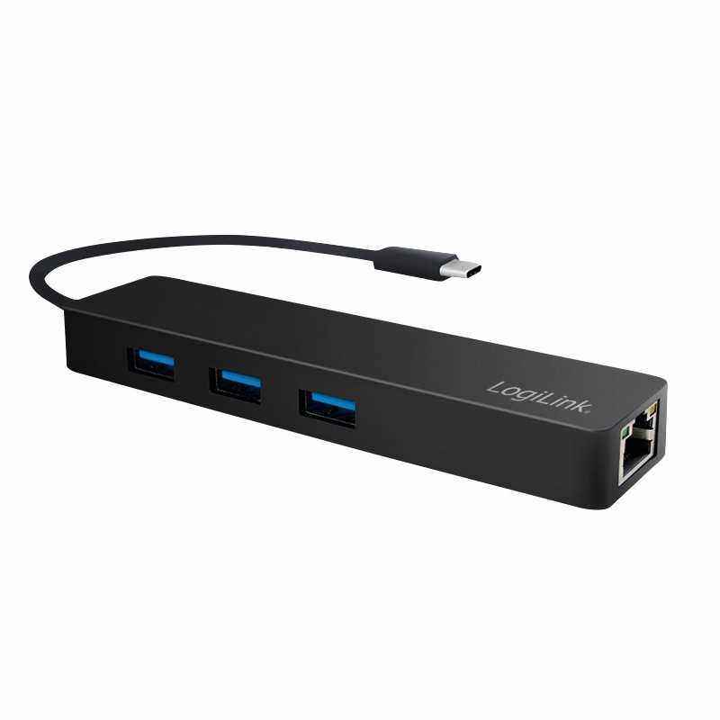 HUB extern LOGILINK- porturi USB: USB 3.0 x 3- conectare prin USB 3.2 Type C- cablu 0.1 m- retea 10/100/1000 MbpsGigabit)- negru