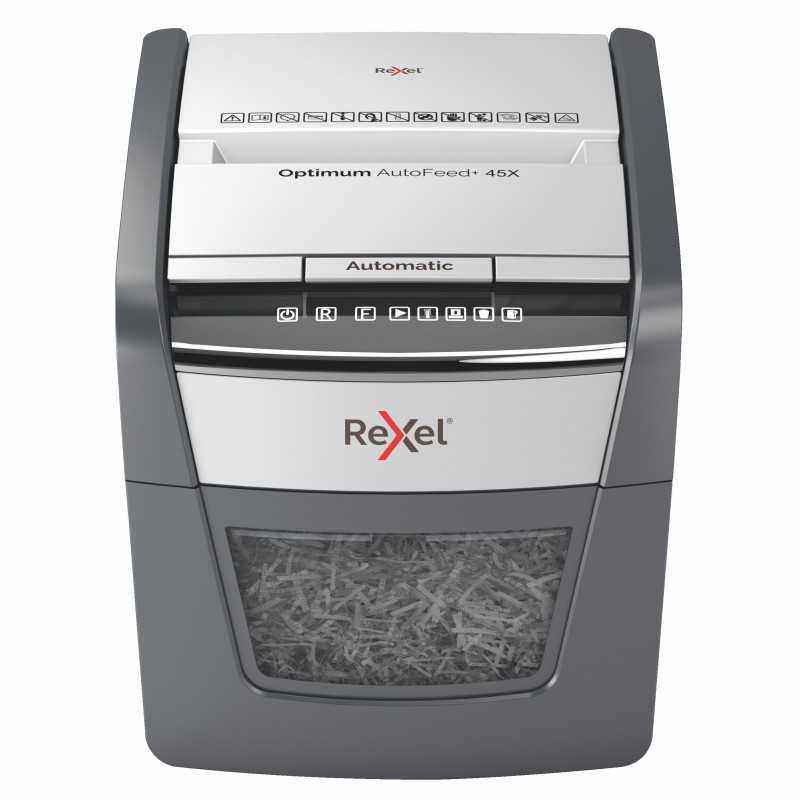 Distrugator automat documente Rexel OPTIMUM 45X - 45 coli- P4- cross-cuttip confeti)- cos 20 litri- negru-gri- 2020045XEU