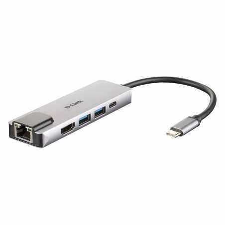 HUB extern D-LINK- porturi Gigabit LAN x 1- USB 3.0 x 2- HDMI x 1- USB Type C x 1- conectare prin USB Type C- cablu 17 cm- argi