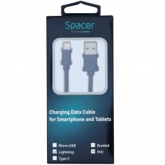 CABLU alimentare si date SPACER- pt. smartphone- USB 2.0T) la Lightning(T)- PVC--Retail pack- 1.8m- black-,nbsp, SPDC-LIGHT-PVC-