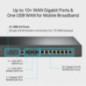 ROUTER TP-LINK wired Gigabit- 2 10GE SFP+ Ports1 WAN- 1 WAN/LAN)- 1 1GE SFP WAN/LAN Ports- 8 1GE RJ45 WAN/LAN Ports- 1 RJ45 Cons