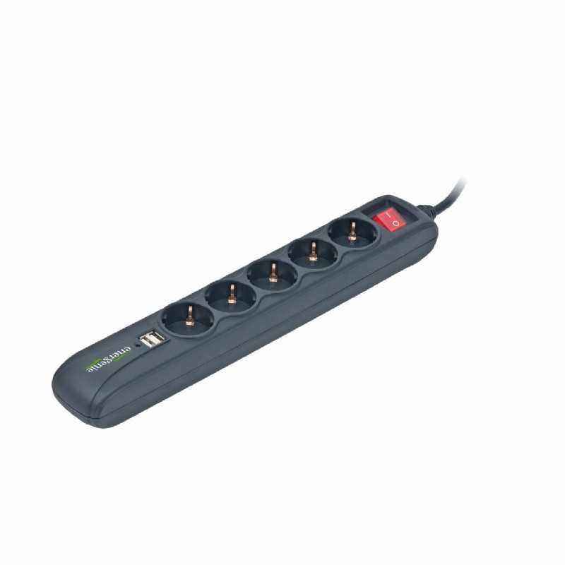 PRELUNGITOR GEMBIRD- Schuko x 5- conectare prin SchukoT)- USB x 2- cablu 1.5 m- 16 A- protectie copii- negru- SPG5-U2-5 TV 0.8le