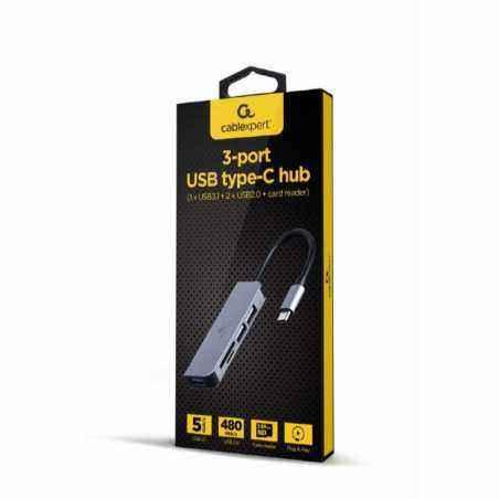HUB extern GEMBIRD- porturi USB: USB 3.1 x 1- USB 2.0 x 2- conectare prin USB Type-C- suport SD / MicroSD- argintiu- UHB-CM-CRU3