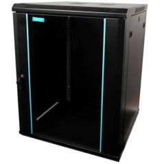 CABINET 19 SPACER 15U 600x600mm- fixare pe perete- Flatpackdezasamblat)- Black- usa sticla cu blocare- panouri detasabile- o