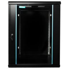 CABINET 19 SPACER 15U 600x600mm- fixare pe perete- Flatpackdezasamblat)- Black- usa sticla cu blocare- panouri detasabile- o
