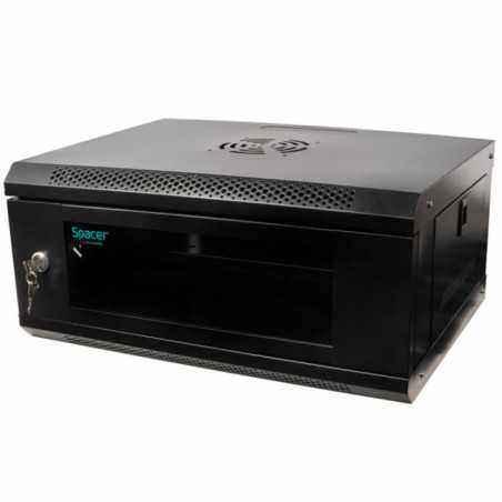 CABINET 19 SPACER 4U 500x400mm- fixare pe perete- Flatpackdezasamblat)- Black- usa sticla cu blocare- panouri detasabile- ot