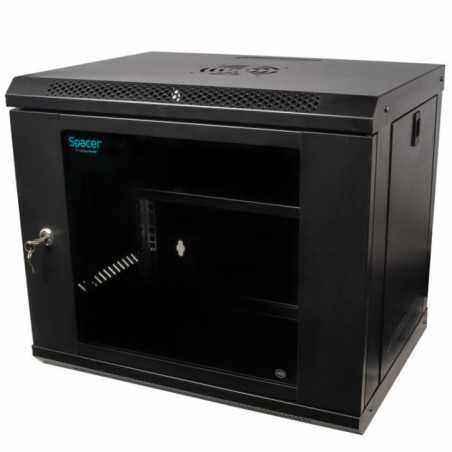 CABINET 19 SPACER 9U 500x400mm- fixare pe perete- Flatpackdezasamblat)- Black- usa sticla cu blocare- panouri detasabile- ot