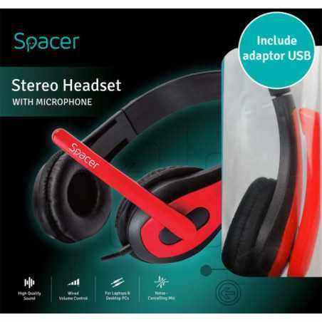 CASTI Spacer- cu fir- standard- utilizare multimedia- microfon pe brat- conectare prin adaptor USB 2.0 sau Jack 3.5 mm x 2- negr