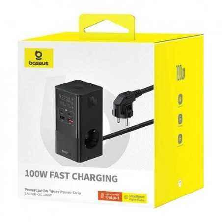 INCARCATOR RETEA Baseus GaN Powerstrip- Quick Charge 100W- 2 x AC- 2 x USB Type-C Output 5V/3A- 2 x USB- lungime cablu 1.5m- neg