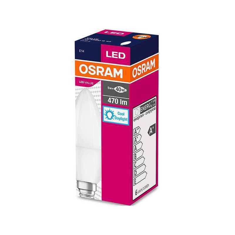 BEC LED Osram- soclu E14- putere 5.5W- forma lumanare- lumina alb rece- alimentare 220 - 240 V- 000004052899971066timbru verde 0