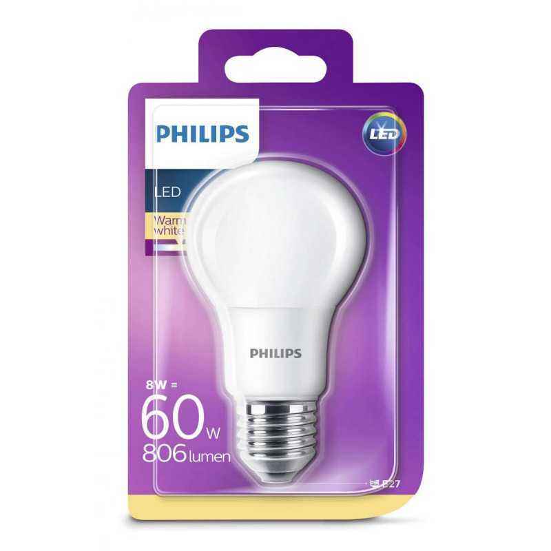 BEC LED Philips- soclu E27- putere 8W- forma clasic- lumina alb calda- alimentare 220 - 240 V- 000008718696577073timbru verde 0.