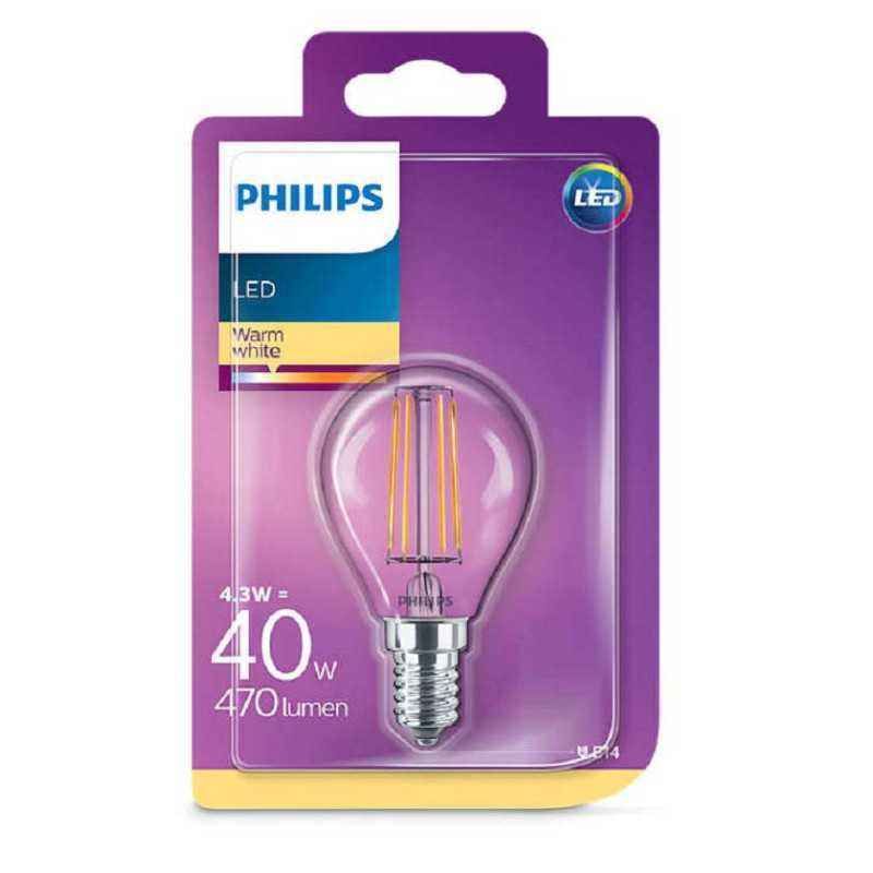 BEC LED Philips- soclu E14- putere 4.3W- forma clasic- lumina alb calda- alimentare 220 - 240 V- 000008718696587317timbru verde