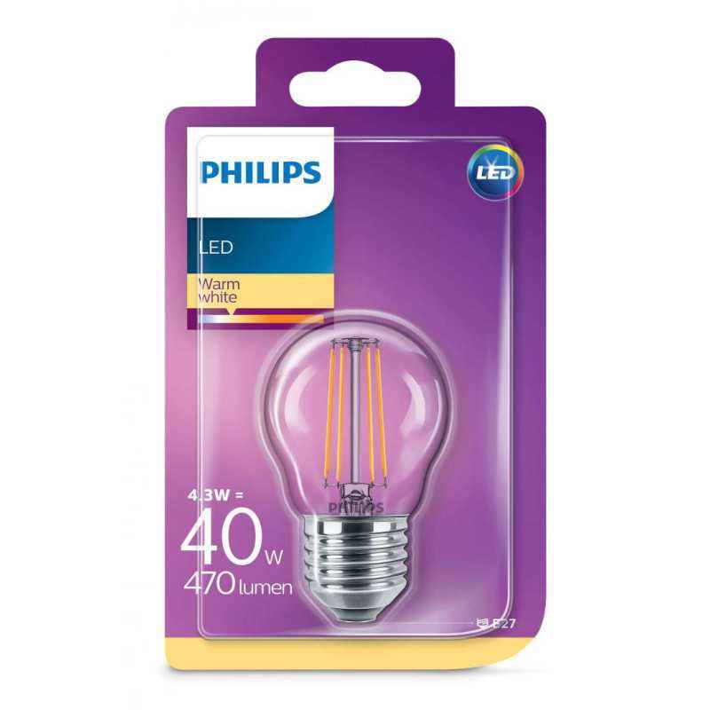 BEC LED Philips- soclu E27- putere 4.3W- forma clasic- lumina alb calda- alimentare 220 - 240 V- 000008718696587331timbru verde