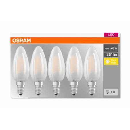 SET 5 becuri LED Osram- soclu E14- putere 4W- forma lumanare- lumina alb calda- alimentare 220 - 240 V- 000004058075090682timbru