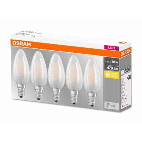 SET 5 becuri LED Osram- soclu E14- putere 4W- forma lumanare- lumina alb calda- alimentare 220 - 240 V- 000004058075090682timbru
