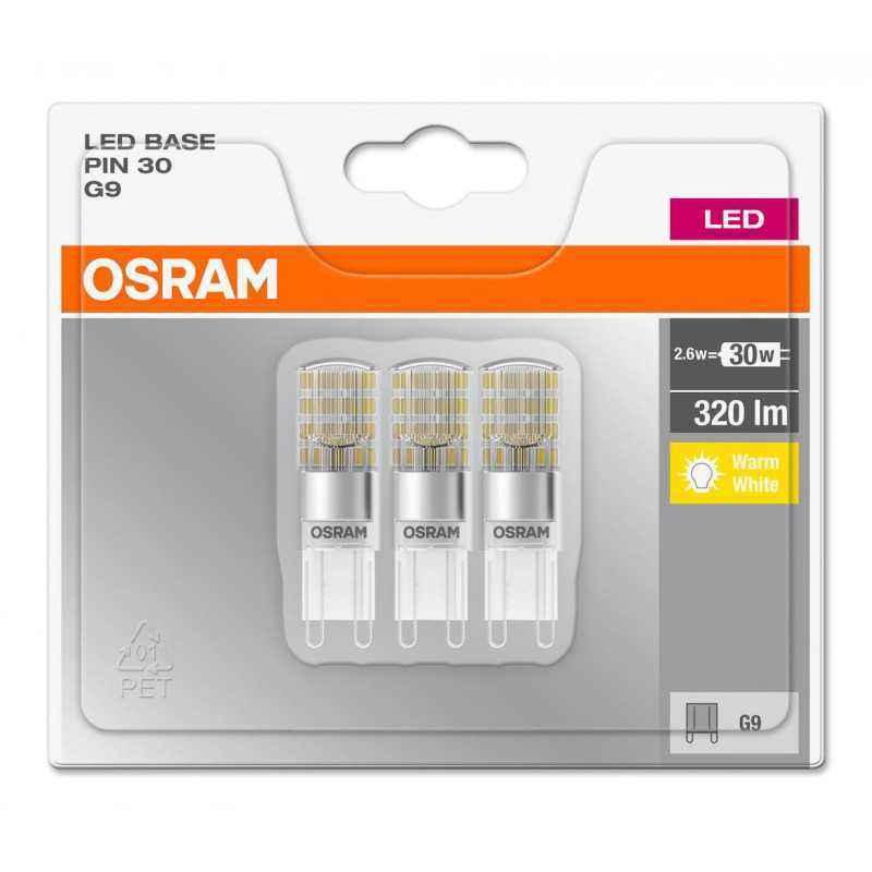 SET 3 becuri LED Osram- soclu G9- putere 2.6W- forma plat- lumina alb calda- alimentare 220 - 240 V- 000004058075093812timbru ve