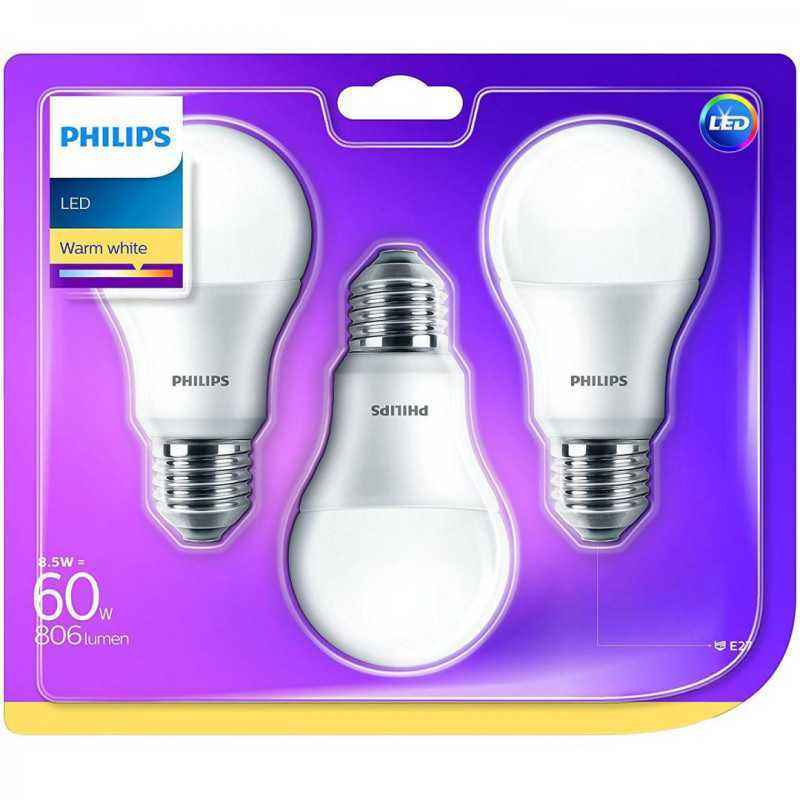 SET 3 becuri LED Philips- soclu E27- putere 9W- forma clasic- lumina alb calda- alimentare 220 - 240 V- 000008718696761267timbru