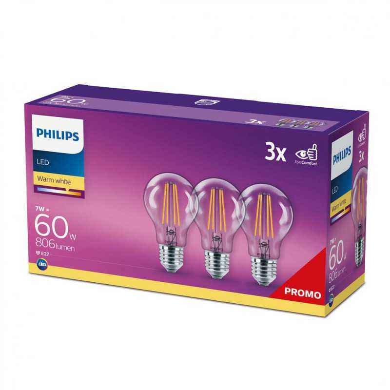 SET 3 becuri LED Philips- soclu E27- putere 7W- forma clasic- lumina alb calda- alimentare 220 - 240 V- 000008718699665081timbru