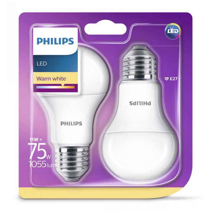 SET 2 becuri LED Philips- soclu E27- putere 11W- forma clasic- lumina alb calda- alimentare 220 - 240 V- 000008718696586112timbr