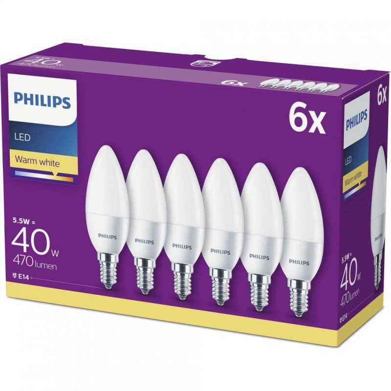 SET 6 becuri LED Philips- soclu E27- putere 5.5W- forma lumanare- lumina alb calda- alimentare 220 - 240 V- 000008718696829912ti