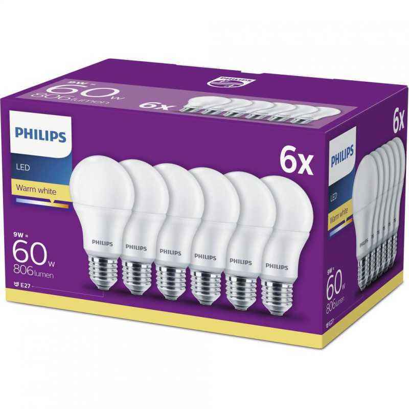 SET 6 becuri LED Philips- soclu E27- putere 9W- forma clasic- lumina alb calda- alimentare 220 - 240 V- 000008718696829998timbru