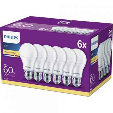 SET 6 becuri LED Philips- soclu E27- putere 9W- forma clasic- lumina alb calda- alimentare 220 - 240 V- 000008718696829998timbru