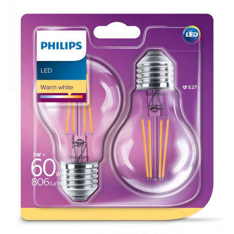 SET 2 becuri LED Philips- soclu E27- putere 7W- forma clasic- lumina alb calda- alimentare 220 - 240 V- 000008718696768587timbru