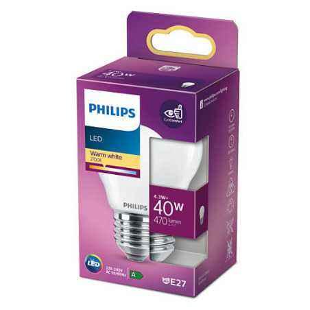 BEC LED Philips- soclu E27- putere 4.3W- forma clasic- lumina alb calda- alimentare 220 - 240 V- 000008718699763473timbru verde