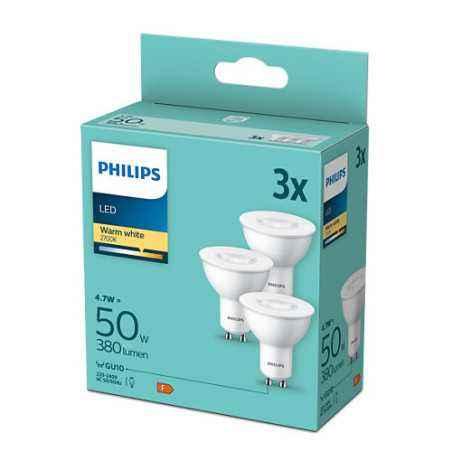 SET 3 becuri LED Philips- soclu GU10- putere 4.7W- forma plat- lumina alb calda- alimentare 220 - 240 V- 000008719514393998timbr
