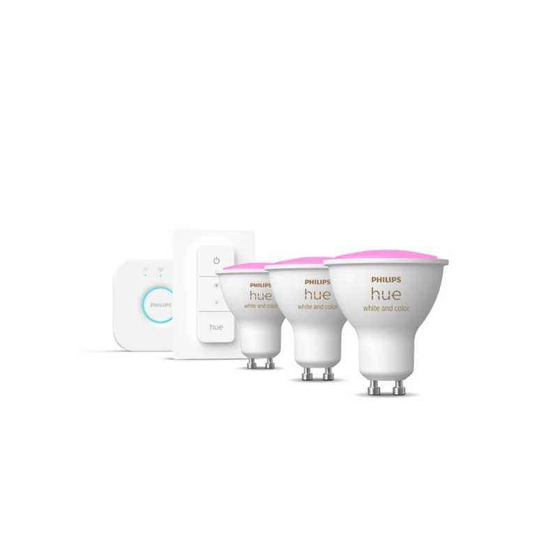 SET 3 becuri smart LED Philips- soclu GU10- putere 5W- forma plat- lumina multicolora- alimentare 220 - 240 V- 00000871951434010