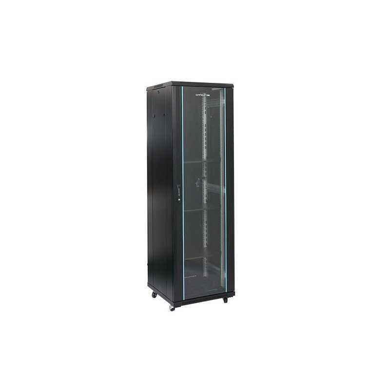 Rack 27U 600x1000- montare pe podea- usa din sticla- panouri laterale detasabile si securizate- dezasamblat- culoare negru RAL 9