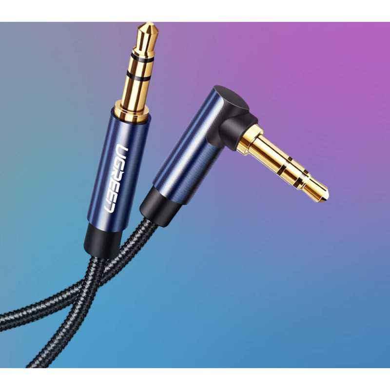 CABLU audio Ugreen- AV112 stereo3.5 mm jack T/T)- conectori auriti- 1m- braided- unghi de 90 grade la un cap- albastru 60179timb