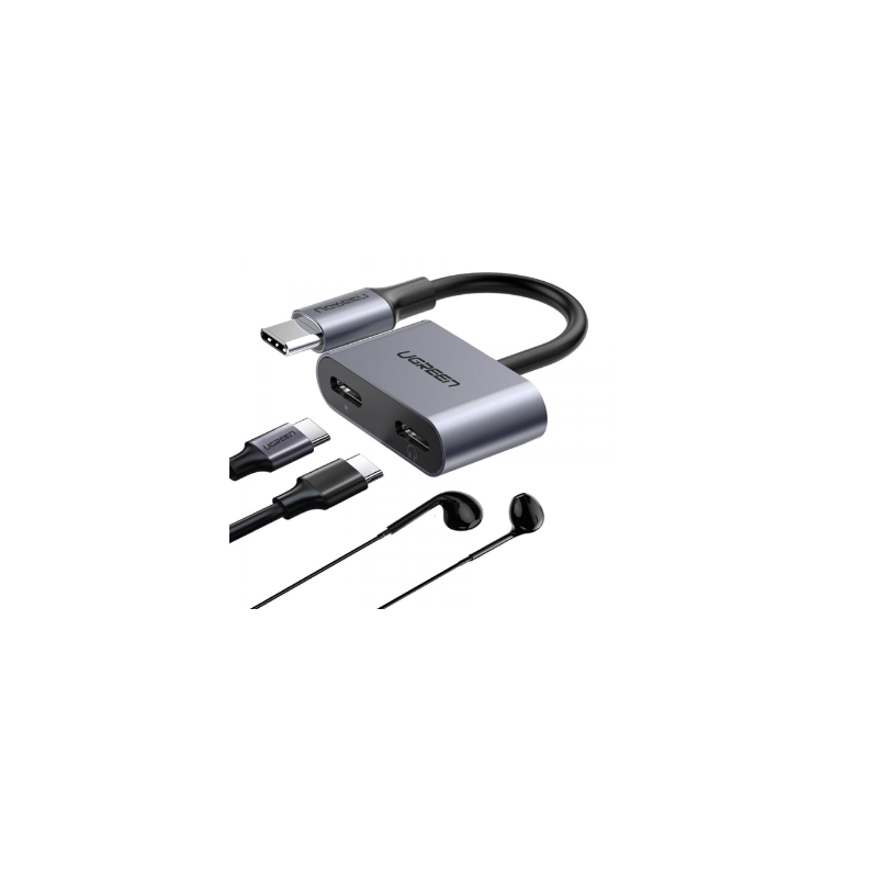 ADAPTOR Incarcare si audio Ugreen- CM232- 1 x USB Type-C(T) la 2 x USB Type-C(M)- lungime cablu 15 cm- gri 60165timbru verde 0.0