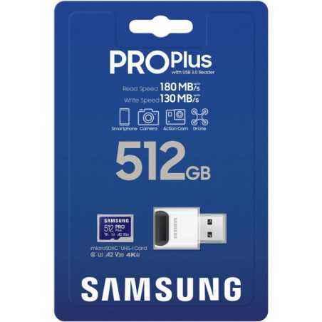 SAMSUNG PRO Plus microSD 512GB Up to 180MB/s Read and 130MB/s Write speed with Class 10 4K UHD incl. Card reader 2023 MB-MD512SB