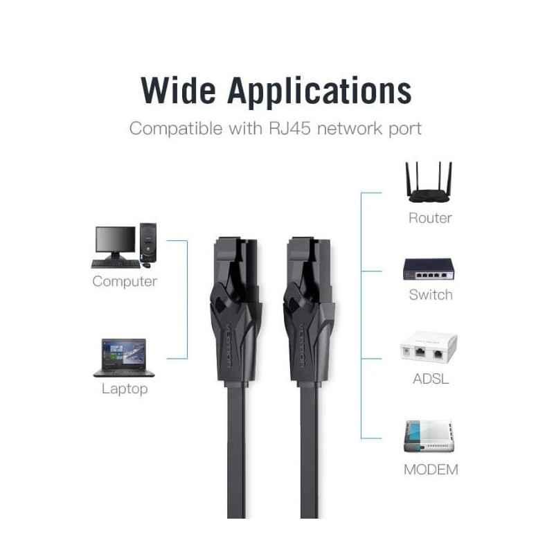 Patch Cord UTP Vention- Cat 6- 20m- flat cable- conductor cupru - aluminiu- viteza max transfer 1 Gbps- invelis PVC- negru- IBAB