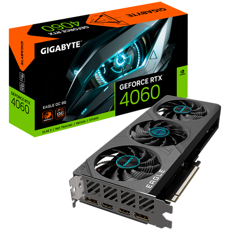 GIGABYTE Video Card NVIDIA GeForce RTX 4060 EAGLE OC 8G- GDDR6 8GB/128bit- PCI-E 40 x8- 1x8-pin- Retail GV-N4060EAGLE OC-8GD