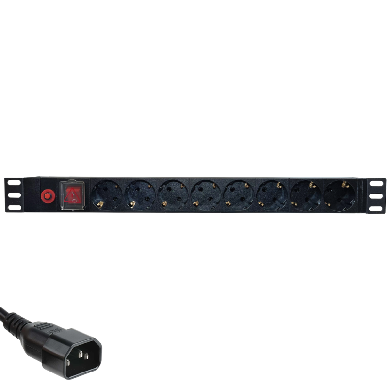 Priza de rack 19 inch- PDU 1U- 8 posturi Schuko cu alimentare C14- Eco Xcab EcoXcab-819-C14timbru verde 2 lei)