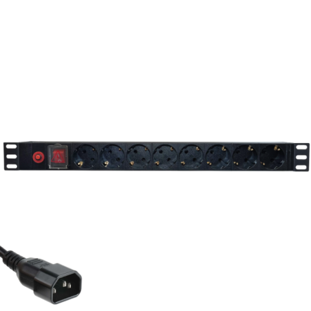 Priza de rack 19 inch- PDU 1U- 8 posturi Schuko cu alimentare C14- Eco Xcab EcoXcab-819-C14timbru verde 2 lei)