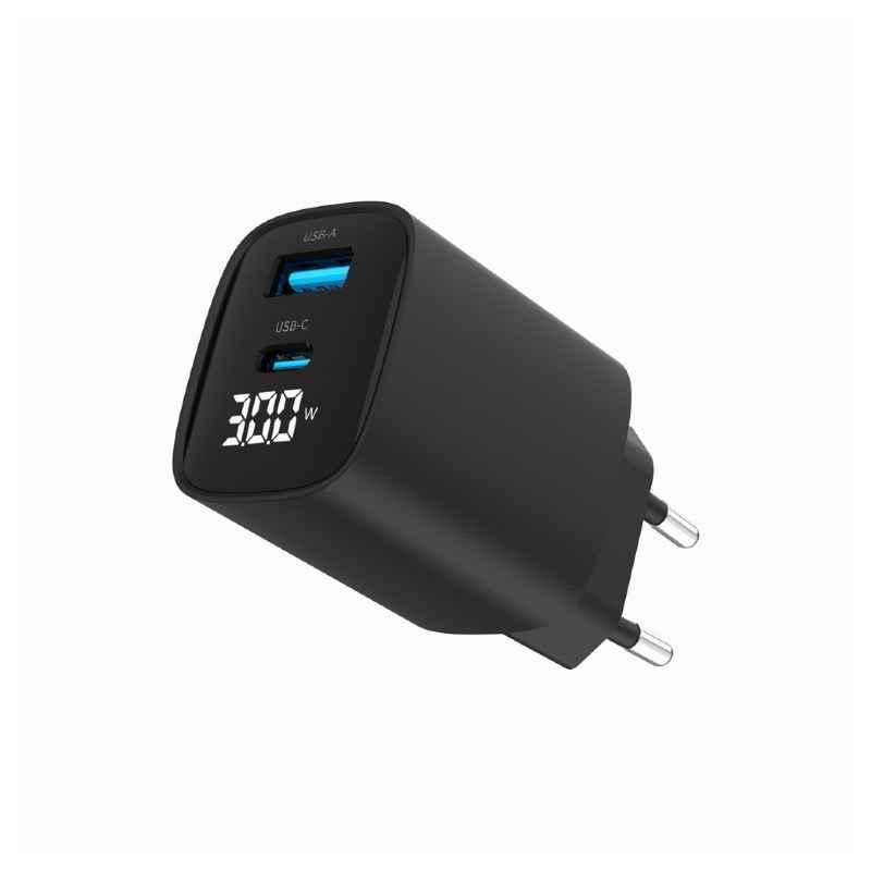 ALIMENTATOR retea 220V GEMBIRD- universal- 1 x USB Type-C D 30W- 1 x USB-A 30 QC 20W- LCD display- negru- TA-UC-PDQC30LCD-BK-01