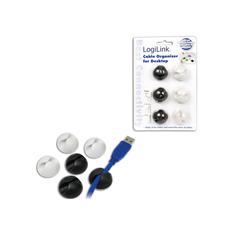 Set organizator cabluri Logilink- tip clip- 6 buc- negru/alb- autoadeziv KAB0009