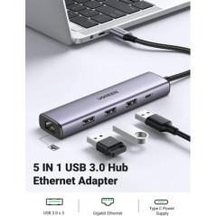 ADAPTOR RETEA Ugreen- cm475 extern- USB 30T) la port Gigabit RJ-45- porturi USB: USB 30 x 3- USB Type-C x 1- argintiu 60554timbr