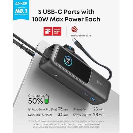 POWER BANK Anker 25000 mAh- 165W 2 x cablu USB-C incorporat- 3 x USB-Cmax 100W per port)- 1 x USB-Amax 30W)- afisaj LED- 595g- g