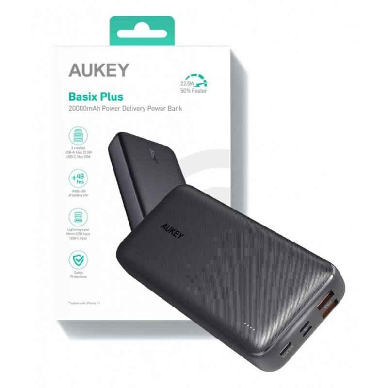 POWER BANK Aukey 20000 mAh- 18W incarcare rapida 5-in-1- 1 x USB-C- 2 x USB-A- 1 x USB-Lighting- 1 x Micro-USB- 386g- negru- EU0